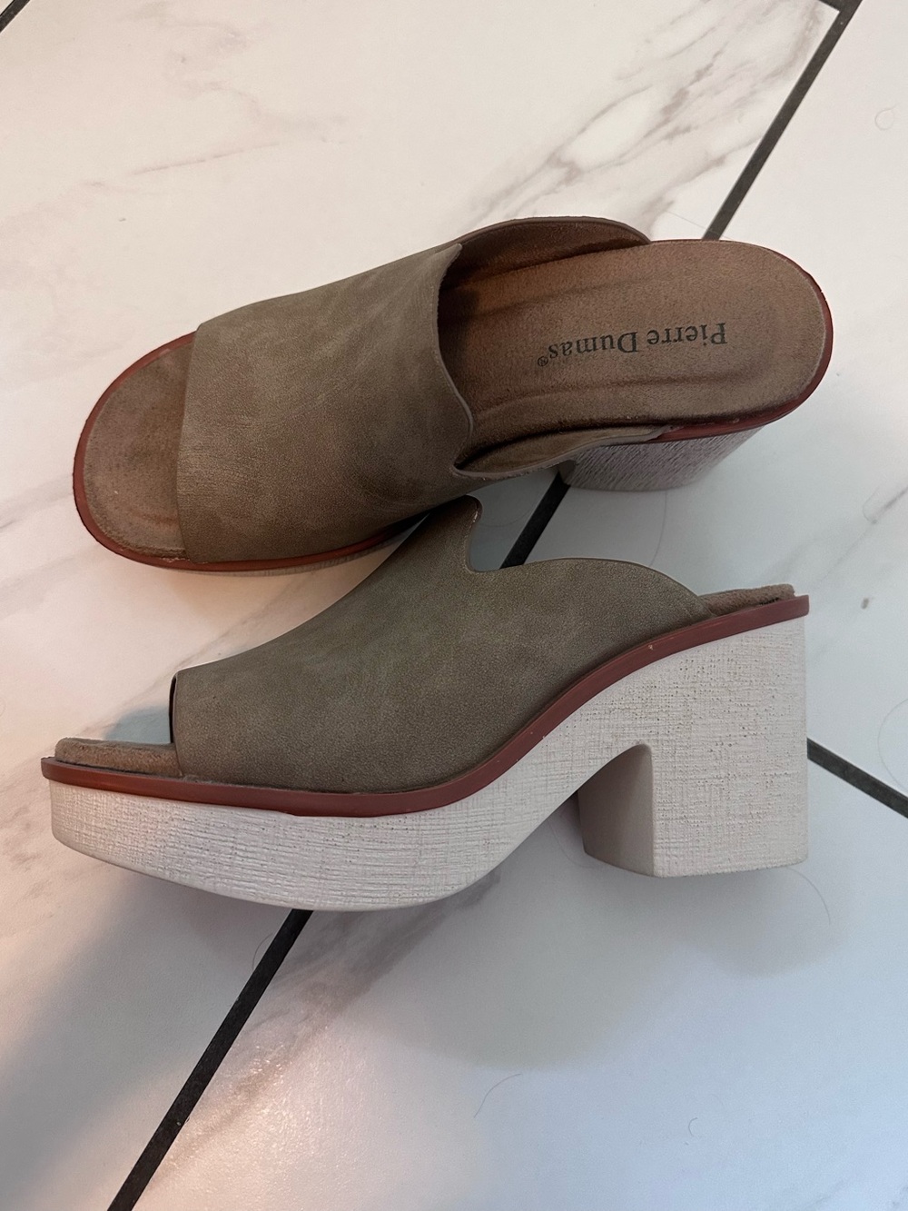 Pierre Dumas Taupe Suede Open-Toe Block Heel Mules